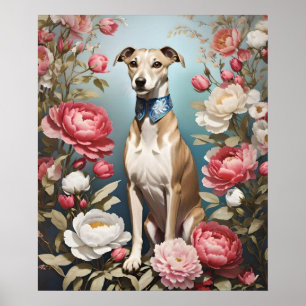 Elegant Whippet Pink Peony Flowers Blue Background Poster