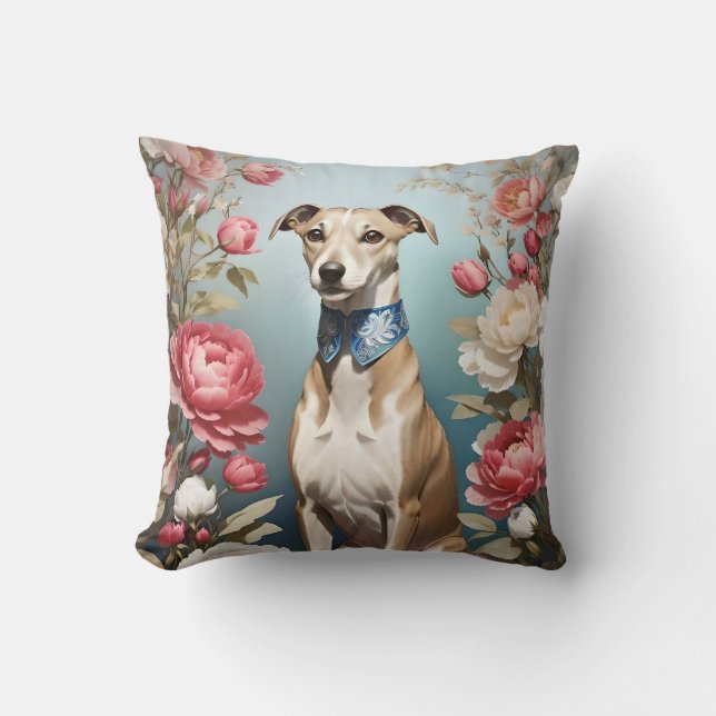 Elegant Whippet Pink Peony Flowers Cushion (Front)