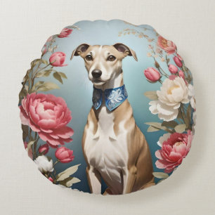 Elegant Whippet Pink Peony Flowers Round Cushion