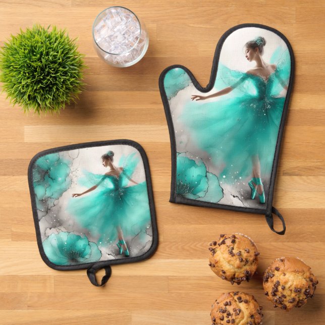 Elegant Whirl Ballet in turquoise  Oven Mitt & Pot Holder Set (Top Down)