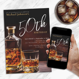 Elegant Whiskey Black Gold 50th Birthday  Invitation