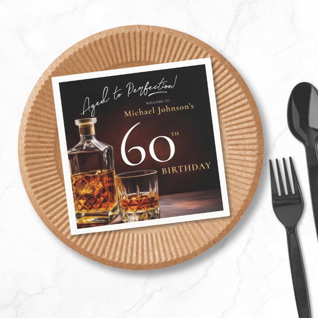 Elegant Whiskey Black Gold 60th Birthday Party Napkin (Mockup View)