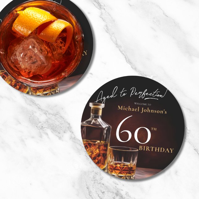 Elegant Whiskey Black Gold 60th Birthday Party Round Paper Coaster (Mockup View)