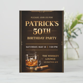 Elegant Whiskey Theme Party Invite, Black & Gold  Invitation