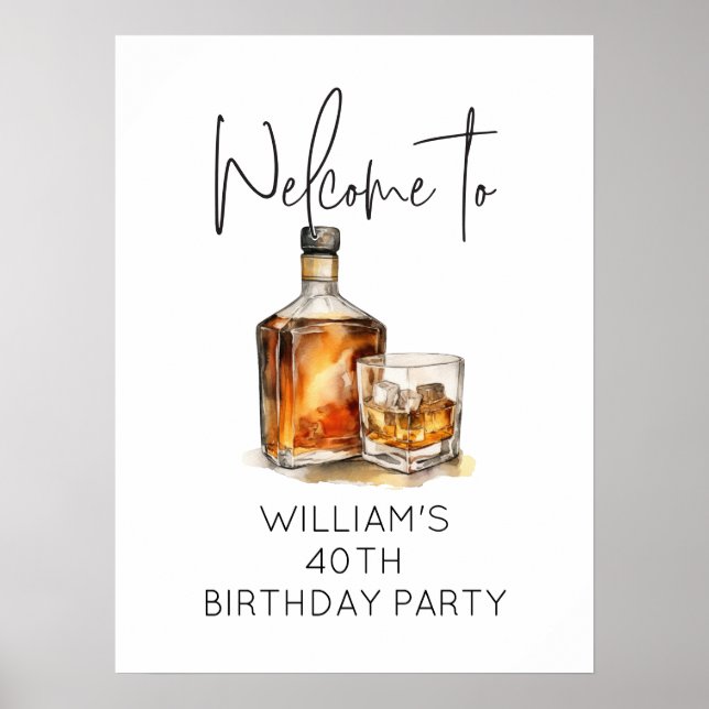 Elegant Whiskey-Themed 40th Birthday Party Welcome Poster (Front)