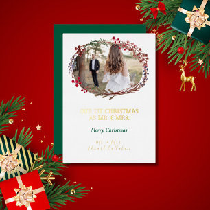 Elegant White 1st Christmas Married Bridal Photo Foil Holiday Card