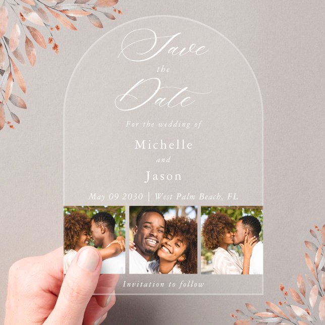 Elegant White 3 Photo Strip Wedding Save the Date Acrylic Invitations (Creator Uploaded)