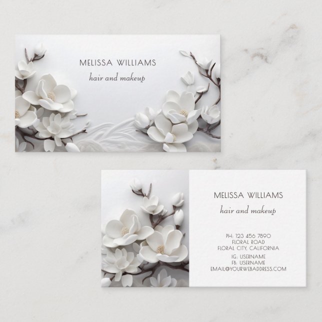 Elegant White 3D Magnolia Business Card (Front/Back)