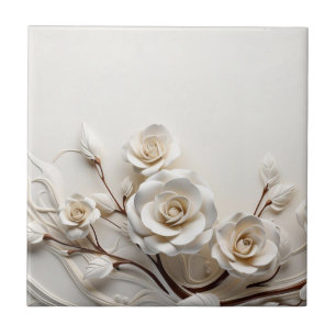 Elegant White 3D Roses Ceramic Tile
