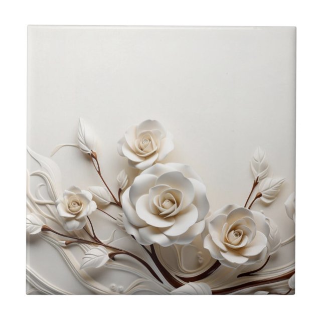 Elegant White 3D Roses Ceramic Tile (Front)