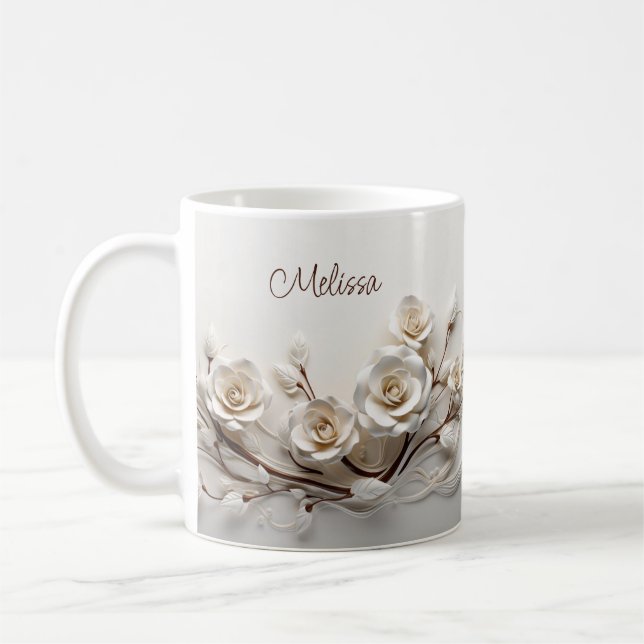 Elegant White 3D Roses Coffee Mug (Left)