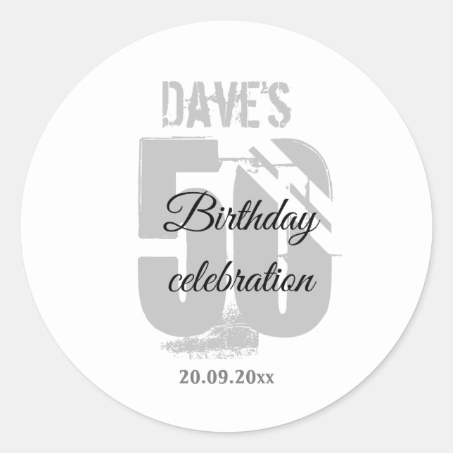 Elegant White 50th Any Age Birthday Classic Round Sticker (Front)