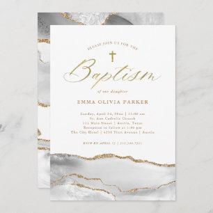 Elegant White Agate with Gold Cross   Baptism Invitation