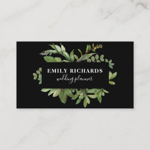 Elegant white and black botanical leaves script business card