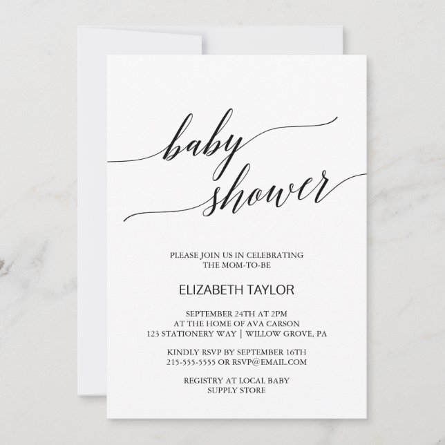 Elegant White and Black Calligraphy Baby Shower Invitation (Front)