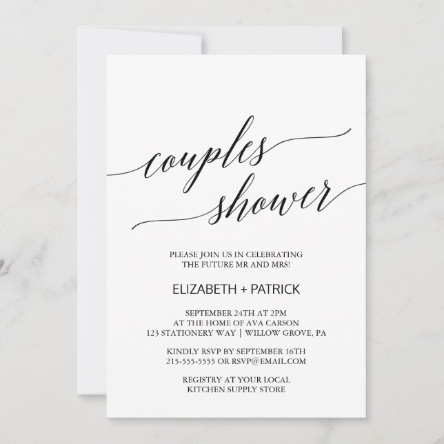 Elegant White and Black Calligraphy Couples Shower Invitation (Front)