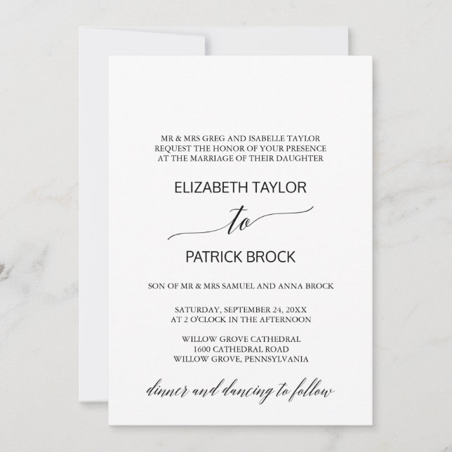 Elegant White and Black Calligraphy Formal Wedding Invitation (Front)