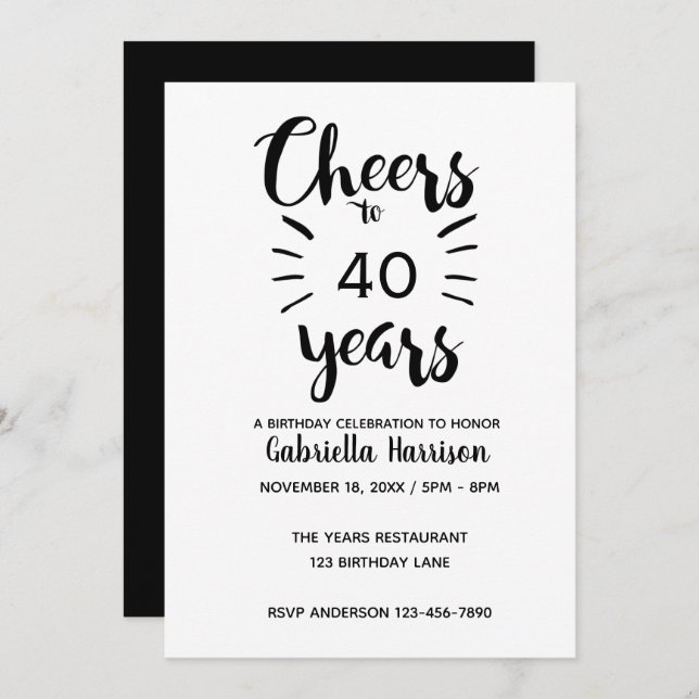 Elegant White and Black Cheers to 40th Birthday Invitation (Front/Back)