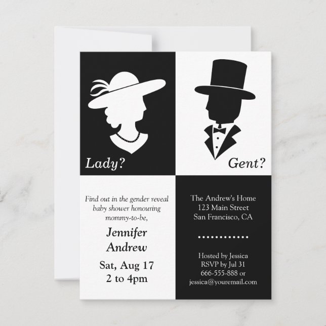 Elegant White and Black Gender Reveal Party Invitation (Front)