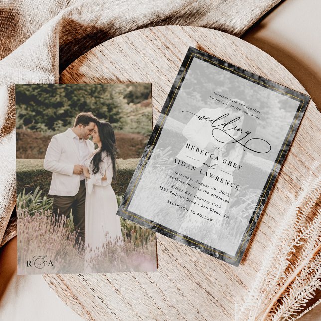 Elegant White and Black Gold Border Photo Wedding Invitation (Creator Uploaded)