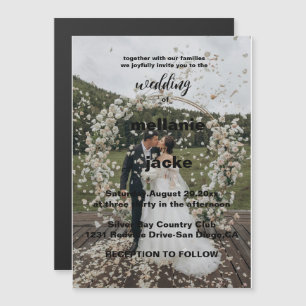 Elegant White and Black Gold Border Photo Wedding Magnetic Invitation
