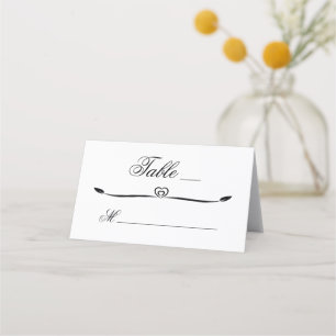 Elegant White and Black Heart Flourish Wedding Place Card