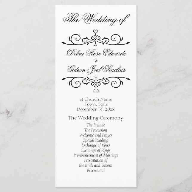 Elegant White and Black Heart Wedding Program (Front)