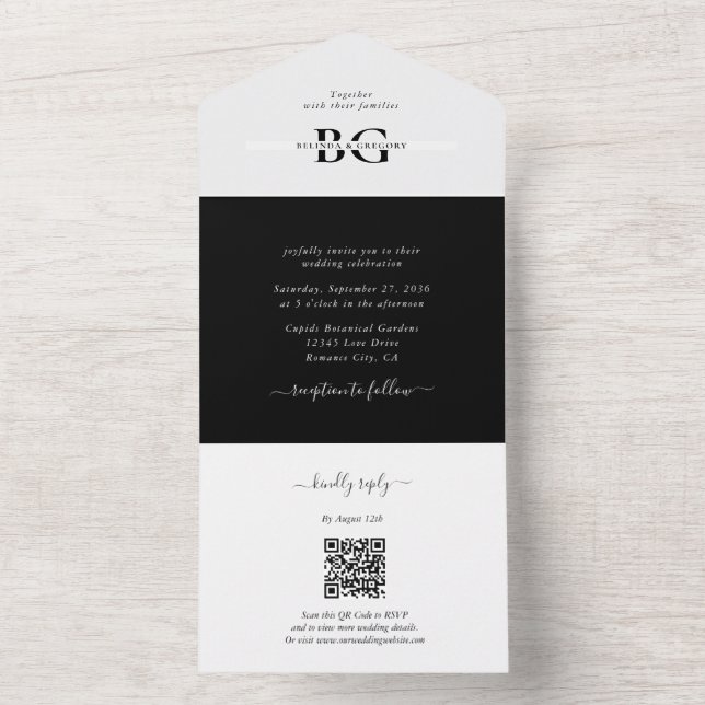 Elegant White and Black Monogram Initials Wedding All In One Invitation (Inside)