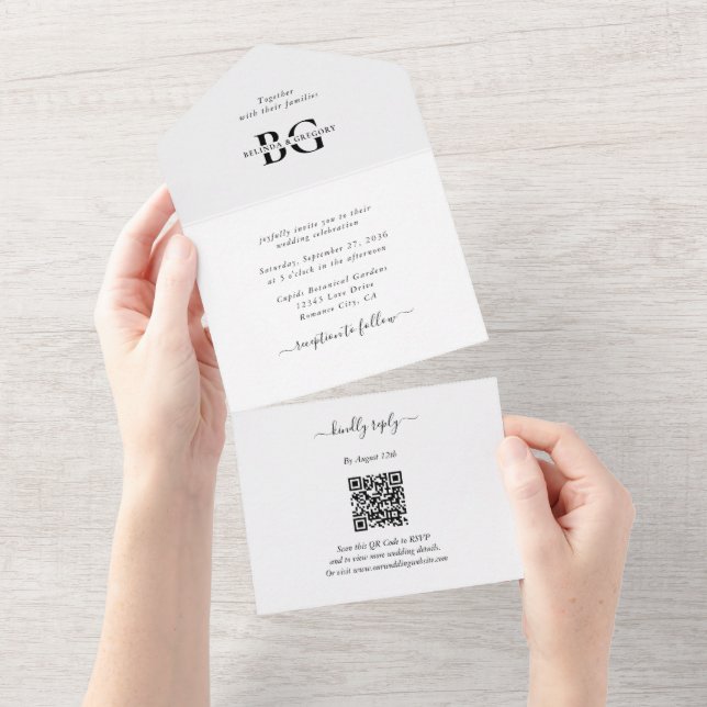 Elegant White and Black Monogram Initials Wedding All In One Invitation (Tearaway)