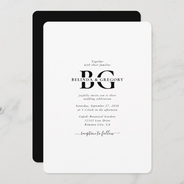 Elegant White and Black Monogram Initials Wedding Invitation (Front/Back)