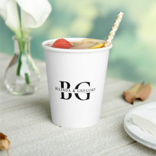 Elegant White and Black Monogram Initials Wedding Paper Cups