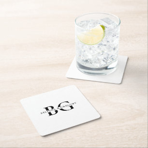 Elegant White and Black Monogram Initials Wedding Square Paper Coaster