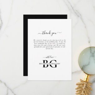 Elegant White and Black Monogram Initials Wedding Thank You Card