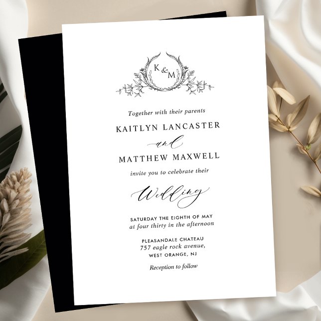 Elegant White and Black Monogram Wedding Invitation (Creator Uploaded)