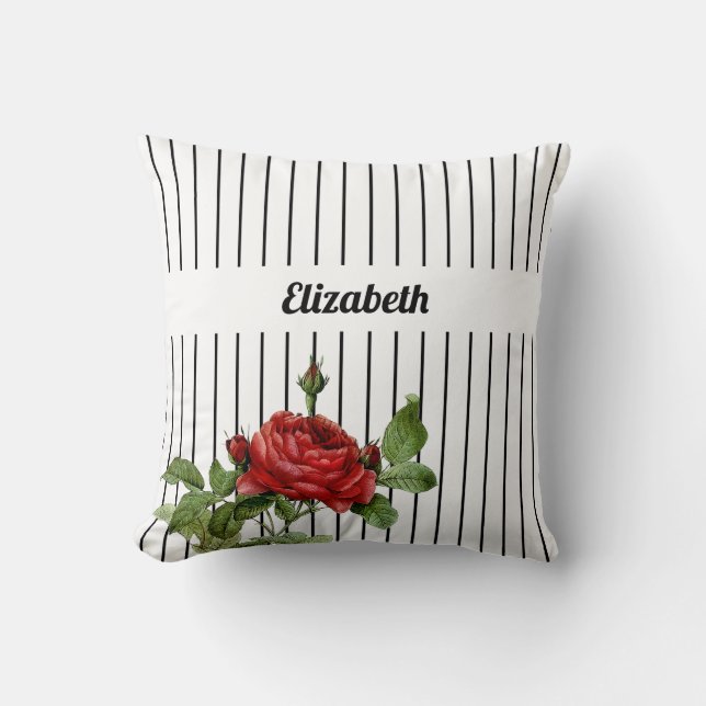 Elegant White and Black Pinstripe Roses and Name Cushion (Front)