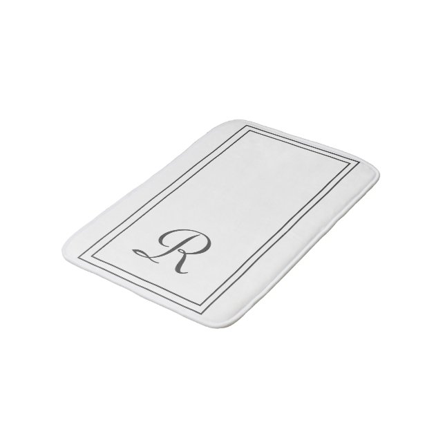 Elegant White and Black Stripes Monogram Bath Mat (Angled)