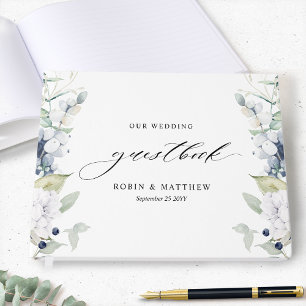 Elegant White and Blue Floral Wedding Guest Book