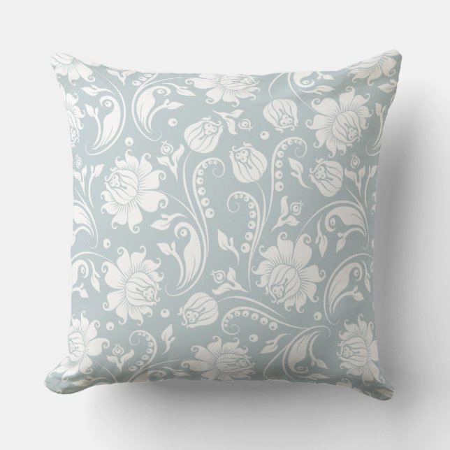 Elegant White And Blue-Grey Floral Damask Cushion (Front)