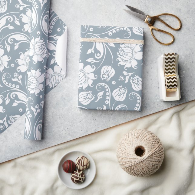 Elegant white and blue-grey floral damask pattern wrapping paper (Crafts)