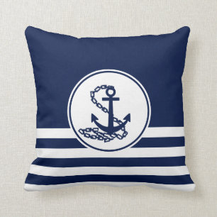 Elegant White and Blue Maritime Style Anchor Cushion