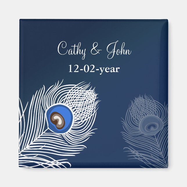 Elegant white and blue peacock save the date magnet (Front)