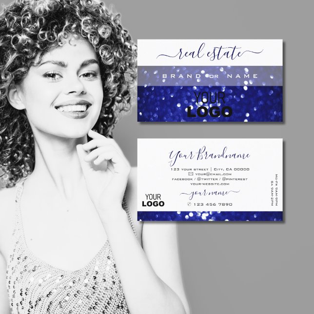 Elegant White and Blue Sparkling Glitter with Logo Business Card (Creator Uploaded)