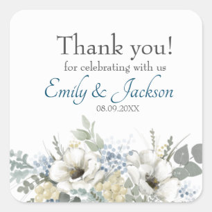 Elegant White and Blue Wedding Thank You Square Sticker