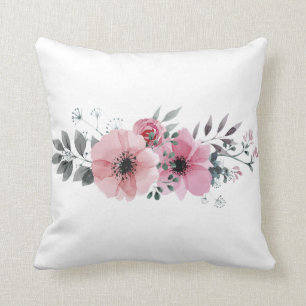 Elegant White and Blush Pink Watercolor  Floral Cushion