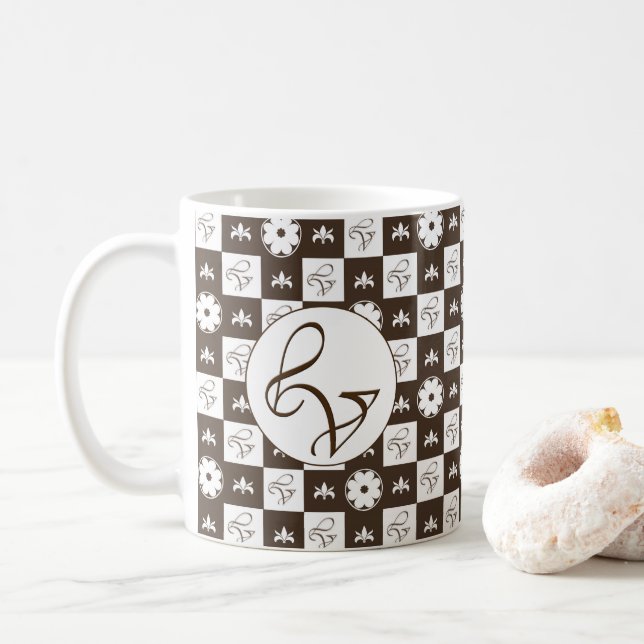 Elegant White and Brown Chequered Pattern Coffee Mug (With Donut)