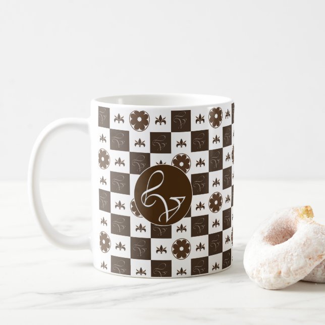 Elegant White and Brown Chequered Pattern Coffee Mug (With Donut)