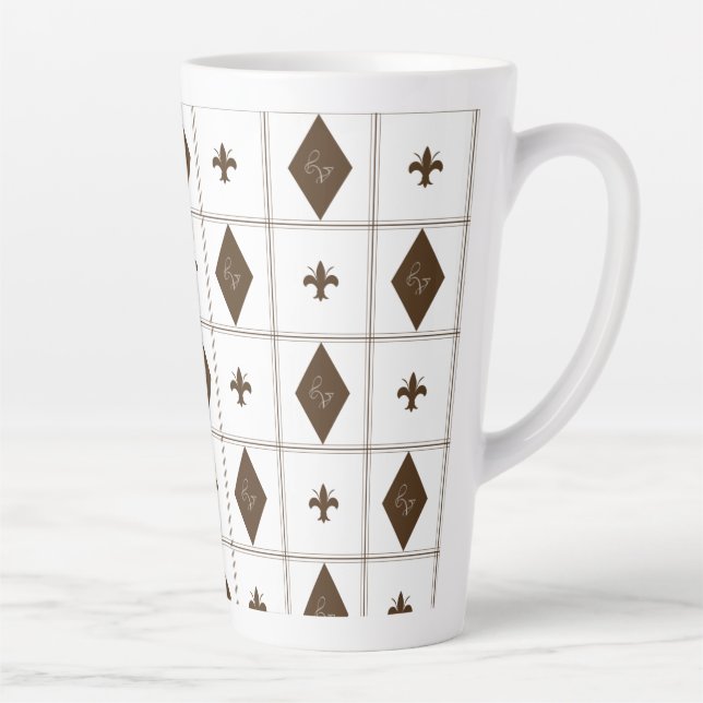 Elegant White and Brown Chequered Pattern Latte Mug (Right)