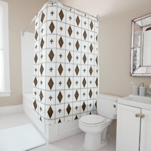 Elegant White and Brown Diamond Pattern Shower Curtain