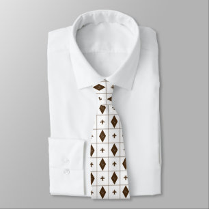 Elegant White and Brown Diamond Pattern Tie