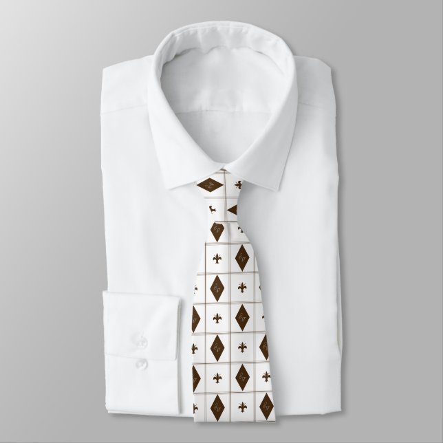 Elegant White and Brown Diamond Pattern Tie (Tied)